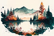 Leinwandbild Motiv Mountains, forests, and a lake are shown in a watercolor scene. Autumnal landscape. Beautiful woodland picture with a trip feel. Generative AI
