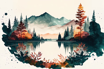 Mountains, forests, and a lake are shown in a watercolor scene. Autumnal landscape. Beautiful woodland picture with a trip feel. Generative AI