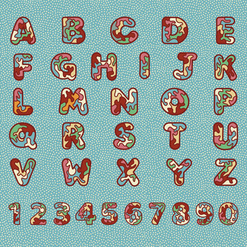 vintage retro font with stained glass pattern puzzle mosaic kaleidoscope in muted colors