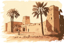 Diriyah Fort In Riyadh, Saudi Arabia, Is A Historic Location. Free Hand Drawing Artwork. Generative AI