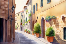 Lovely Coastal Old  Italian Village  , Street Old Town Watercolor Illustration. Ai Generative