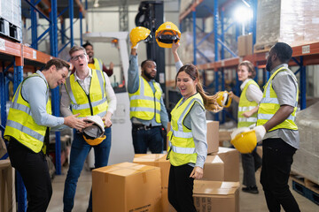 Wall Mural - Diversity group of labor union in warehouse celebrate success after won protest salary increment