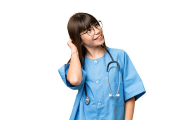 Sticker - Little girl as a surgeon doctor over isolated chroma key background thinking an idea