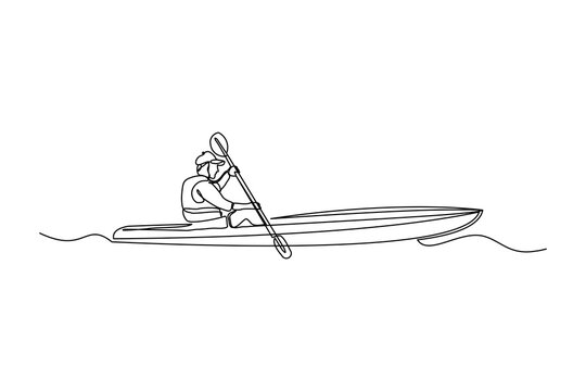 Continuous single one line drawing art of man rowing canoe. Vector illustration of sport man paddle kayak.