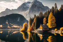 A Serene Autumnal Picture Of The Grundlsee Lake With A Vast Mountain Range In The Distance. Beautiful Early Morning View Of The Town Of Brauhof In Styria, Austria, And Europe. Background Of The Notion