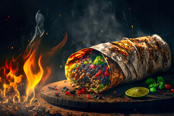 tasty burrito tortilla on a grill with smoke and fire background