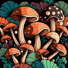 Vintage Mushrooms Pattern In Muted Colors, Mushrooms Pattern. Illustration, Generative Art