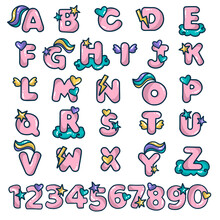 Unicorn Font, Pink Alphabet With Star, Tail, Heart And Clouds