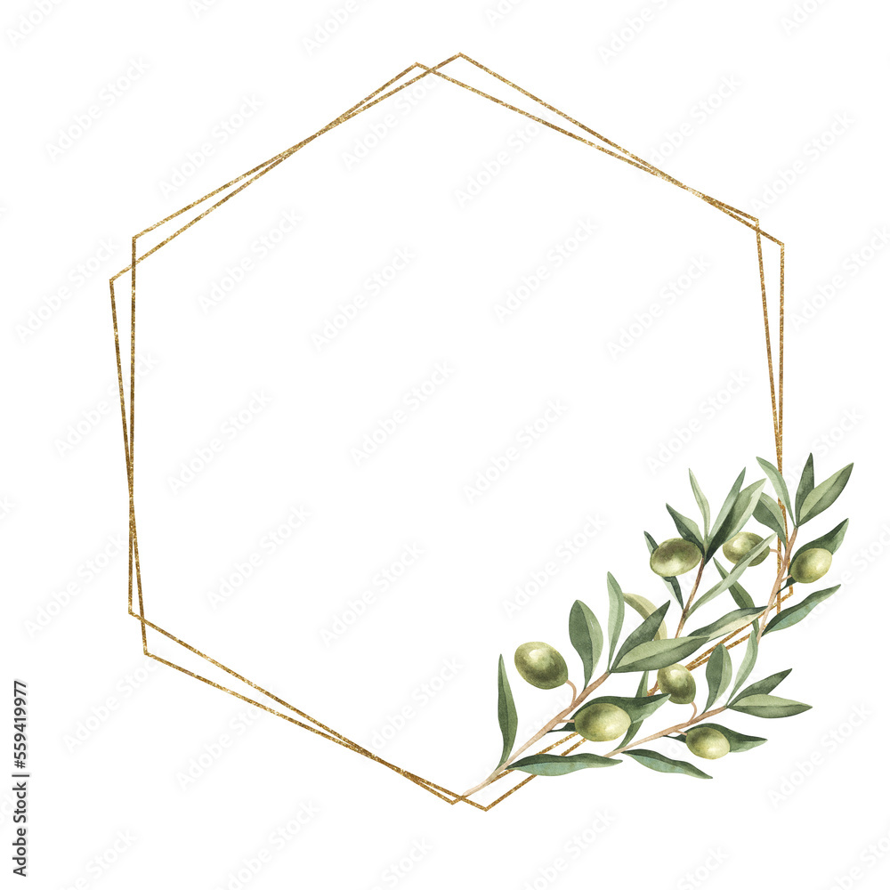 Watercolor floral illustration - olive leaf wreath, frame with gold ...