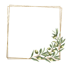 Square Golden Frame With Golden Olive Branch Watercolor Illustration. Minimalism Of Forms In A Square Frame