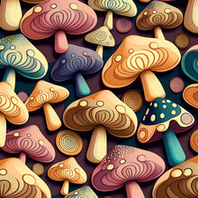 Vintage Mushrooms Pattern In Muted Colors, Adorable Mushrooms Pattern. Illustration, Generative Art