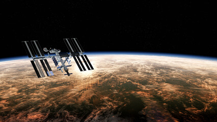 Canvas Print - 3d illustration. international space station on orbit of earth planet. iss. dark background. element
