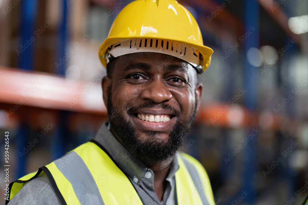 African american working in warehouse check forklift truck loading ...