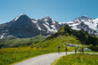 Scenic and sunny mountain landscape with a hikers on a path amidst alpine meadows near Männlichen, Jungfrau and Wengen in Switzerland