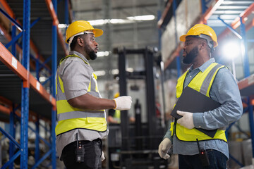 Wall Mural - African american working in warehouse check forklift truck loading carton box smile check hand