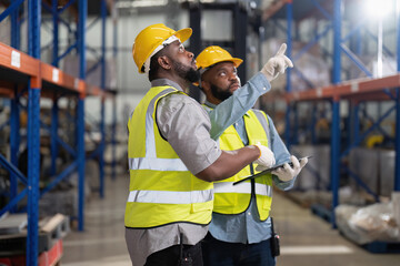 Wall Mural - African american working in warehouse check forklift truck loading carton box smile check hand