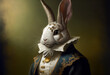 © Sci-Fi Agent - Rabbit aristocrat. Vintage outfit with ruff. White millstone collar. Generative Ai Art. Antique style portrait of a bunny in ruff collar.