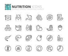 Simple Set Of Outline Icons About Nutrition, Healthy Food.