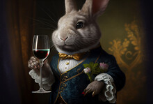 Rabbit Aristocrat With Glass Of Champagne. Vintage Outfit With Ruff. White Millstone Collar. Generative Ai Art. Antique Style Portrait Of A Bunny In Ruff Collar.