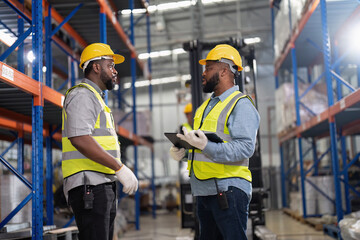 African american working in warehouse hold stock check list while truck loading carton box near by