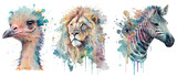 Fototapeta Fototapety na ścianę do pokoju dziecięcego - Safari Animal set zebra, ostrich and lion in watercolor style. Isolated vector illustration