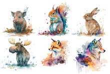 Safari Animal Set Wild Boar, Squirrel, Hare, Hippopotamus, Deer, Fox In Watercolor Style. Isolated Vector Illustration