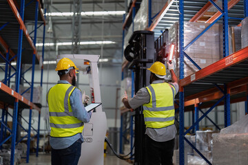 Wall Mural - African american working in warehouse hold red light give signal to truck loading carton box