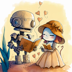 Wall Mural - little robot boy and girl.love between androids