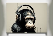  A Monkey With Headphones On Its Face And A Wall Hanging On A Wall Behind It Is A Picture Of A Monkey With Headphones On Its Face And A Wall Behind It Is A., Generative Ai