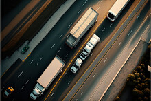 Top Down View Of A Convoy Of Trucks Driving Down A Highway. Birds Eye View Of A Group Of Lorries On A Motorway. Transport Illustration. Generative Ai