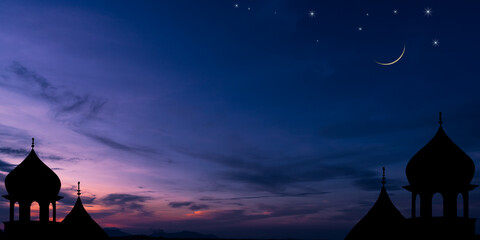 Wall Mural - dome mosques silhouette on dusk sky twilight with crest ent moon, religious of islamic and free spac