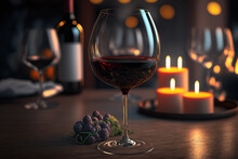 A Glass Of Red Wine Placed On The Wooden Table With Candle Lighting As Background. Generative Ai Image.