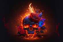 Scary Love, Human Skull And Roses With Fire Flames Illustration For Valentine's Day Or Halloween, Generative AI.