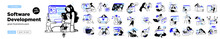 Programming Illustration Set. Different Characters Working On Web And Application Development On Computers. Software Developers. Flat Vector Style Illustrations.
