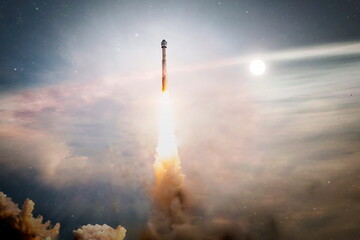 Wall Mural - shuttle launch in the clouds to outer space. dark space with stars on background.spaceship flight. e