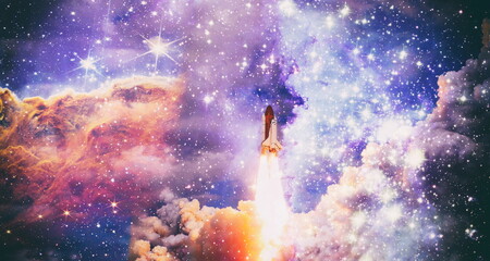 Wall Mural - rockets launch into space on the starry sky. spacecraft flies into space with clouds of smoke. eleme