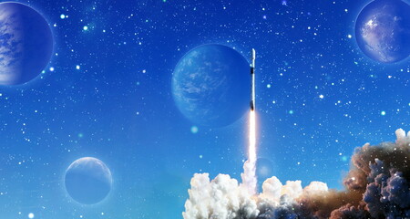 Wall Mural - rockets launch into space on the starry sky. spacecraft flies into space with clouds of smoke. eleme