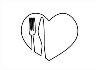 Wall Mural - One single line drawing of  fork spoon and heart icon. food restaurant sign. love food symbol