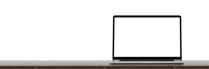 Poster - Laptop blank screen mockup on wooden table. wide web banner. Front view. copy space. 3D rendering