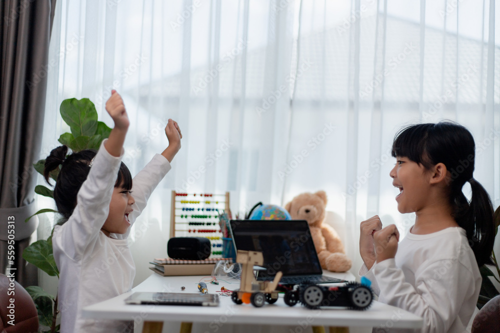 Asia students learn at home in coding robot cars and electronic board ...
