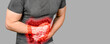 Intestinal inflammation. highlighted intestines. Irritable Bowel Syndrome. Abdominal pain man. Large intestine on man body, stomachache diarrhea symptom or food poisoning. copy space