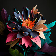 Colorful Papercraft Flower Art Dark Background, Beautiful Flower Design, Paper Craft Flower