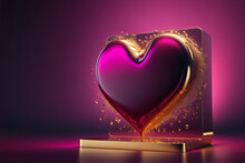 Shining Magenta Heart On Golden Podium. Valentine's Day Concept, Love And Wedding Greeting Card. Generative AI Illustration
