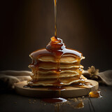 Tasty pancakes topped with maple syrup. Generative AI