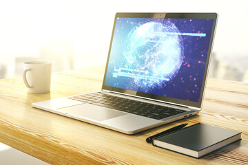 Poster - Abstract creative coding concept with world map on modern laptop screen. 3D Rendering