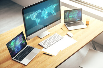 Poster - Abstract creative world map with connections on modern laptop screen, international trading concept. 3D Rendering