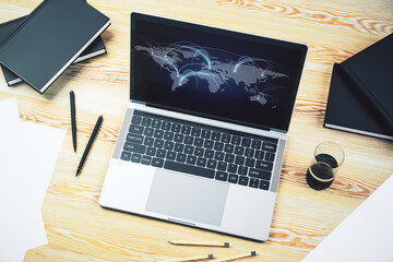 Poster - Modern computer monitor with abstract digital world map with connections, research and strategy concept. 3D Rendering