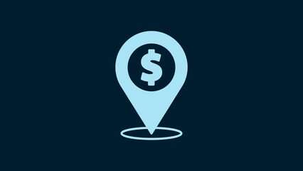 Poster - White Cash location pin icon isolated on blue background. Pointer and dollar symbol. Money location. Business and investment concept. 4K Video motion graphic animation