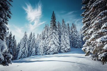 Fototapete - Incredible winter landscape with snowcapped pine trees under bright sunny light in frosty morning. Amazing nature scenery in winter mountain valley. Awesome natural Background. Christmas concept