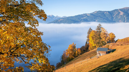 Fototapete - Fantastic sunrise over lake. Autumn view on Zell am See lake, Salzburger Land, Austria, Europe. foggy morning sunrise on the Alpine lake in autumn. Creative image. Nature Background. Autumn landscape
